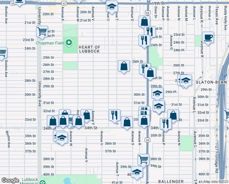 map of restaurants, bars, coffee shops, grocery stores, and more near 2009 30th Street in Lubbock