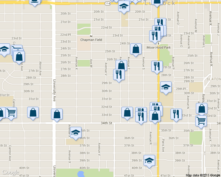 map of restaurants, bars, coffee shops, grocery stores, and more near 2113 30th Street in Lubbock