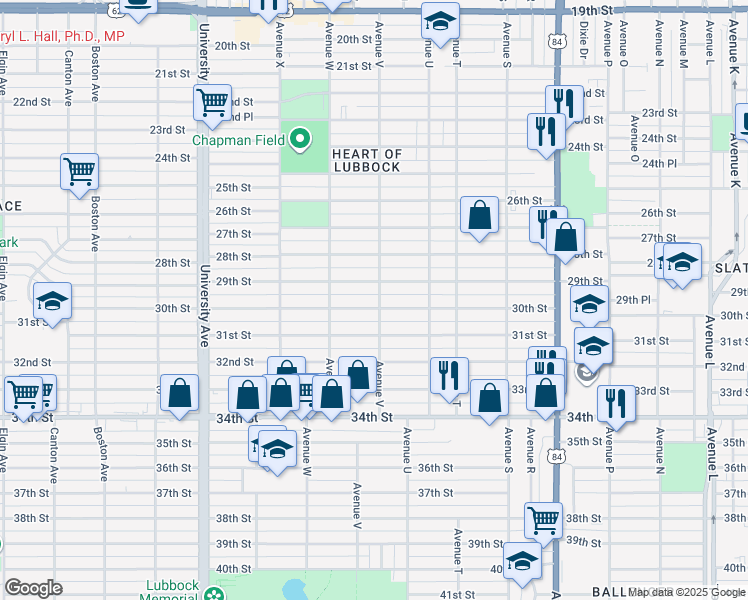 map of restaurants, bars, coffee shops, grocery stores, and more near 2205 30th Street in Lubbock