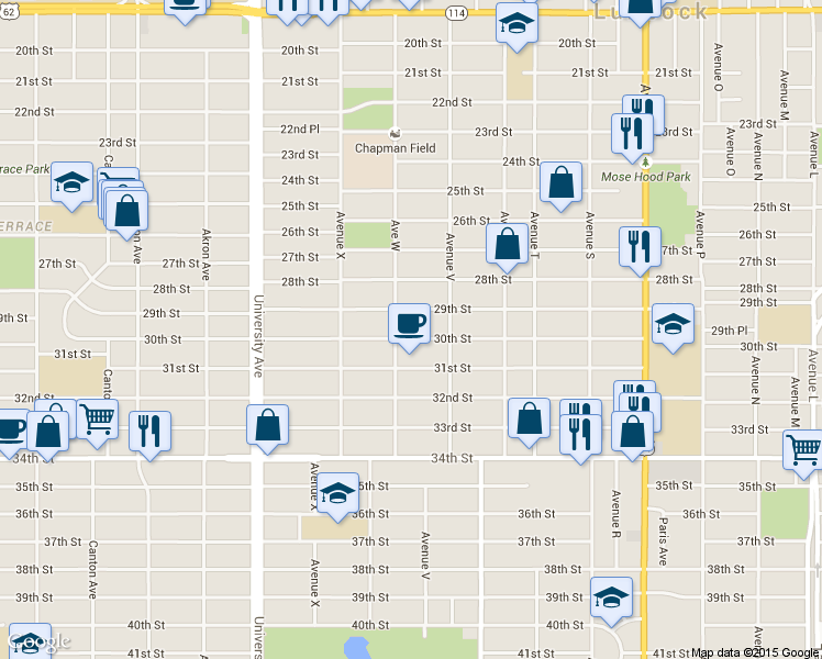 map of restaurants, bars, coffee shops, grocery stores, and more near 2219 30th Street in Lubbock