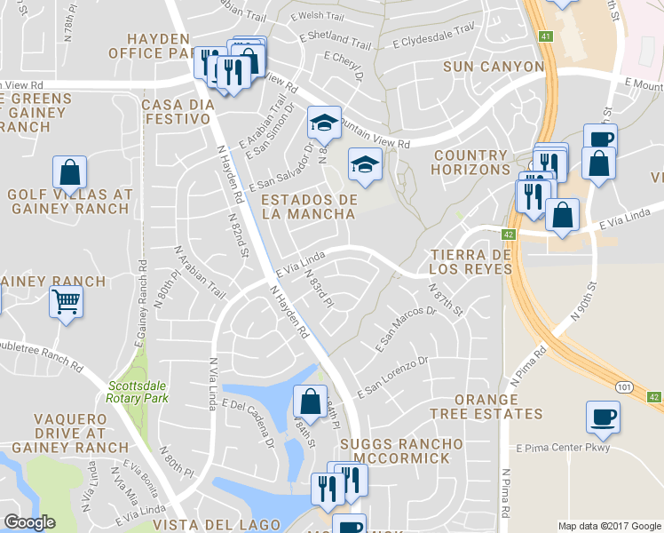 map of restaurants, bars, coffee shops, grocery stores, and more near 8417 East San Benito Drive in Scottsdale