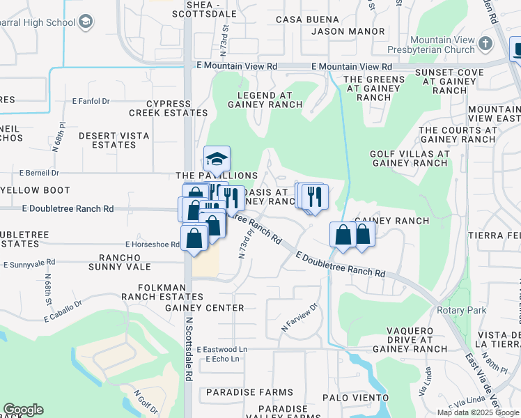 map of restaurants, bars, coffee shops, grocery stores, and more near 7245 East Gainey Ranch Road in Scottsdale