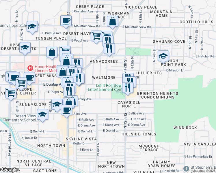 map of restaurants, bars, coffee shops, grocery stores, and more near 8940 North 11th Street in Phoenix