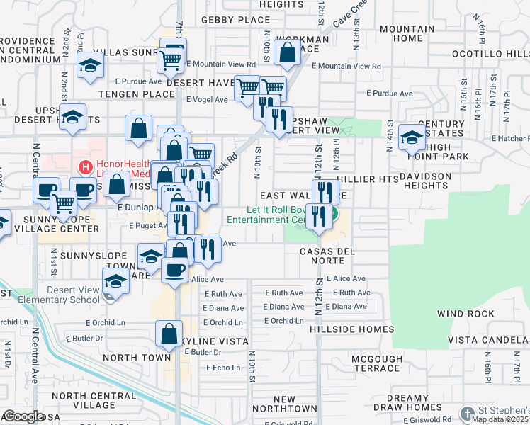 map of restaurants, bars, coffee shops, grocery stores, and more near 8925 North 10th Street in Phoenix