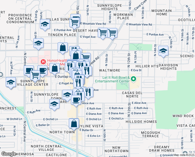 map of restaurants, bars, coffee shops, grocery stores, and more near 8939 North 8th Street in Phoenix