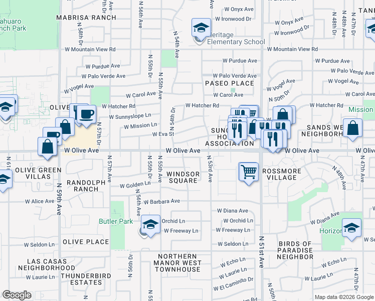 map of restaurants, bars, coffee shops, grocery stores, and more near in Glendale
