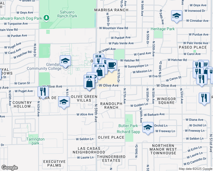 map of restaurants, bars, coffee shops, grocery stores, and more near 5818 West Puget Avenue in Glendale
