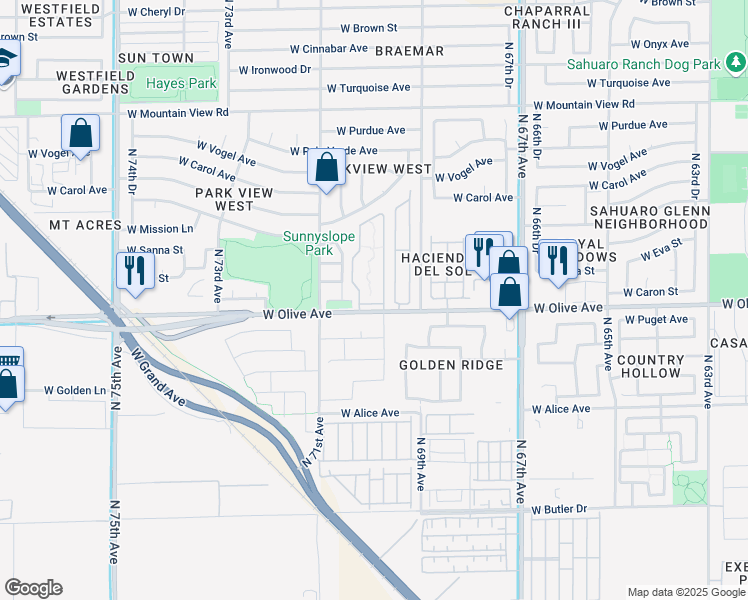 map of restaurants, bars, coffee shops, grocery stores, and more near 8924 North 69th Lane in Peoria