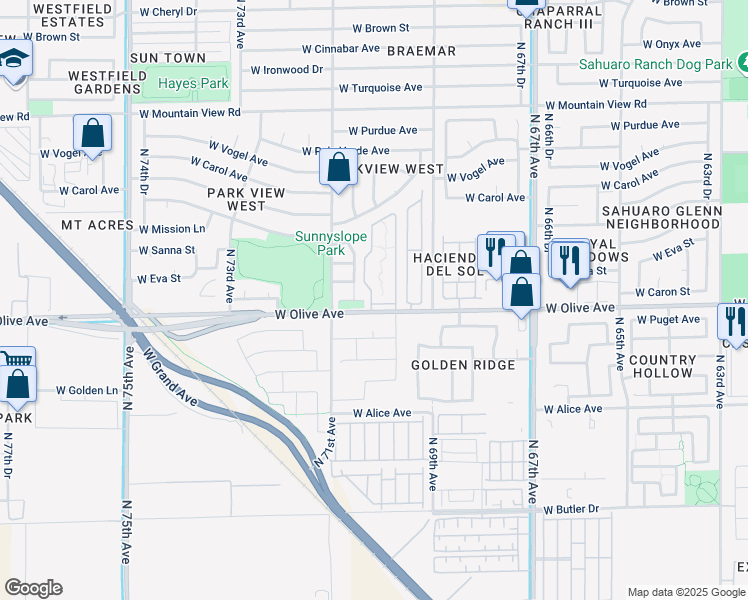map of restaurants, bars, coffee shops, grocery stores, and more near 7055 West Olive Avenue in Peoria