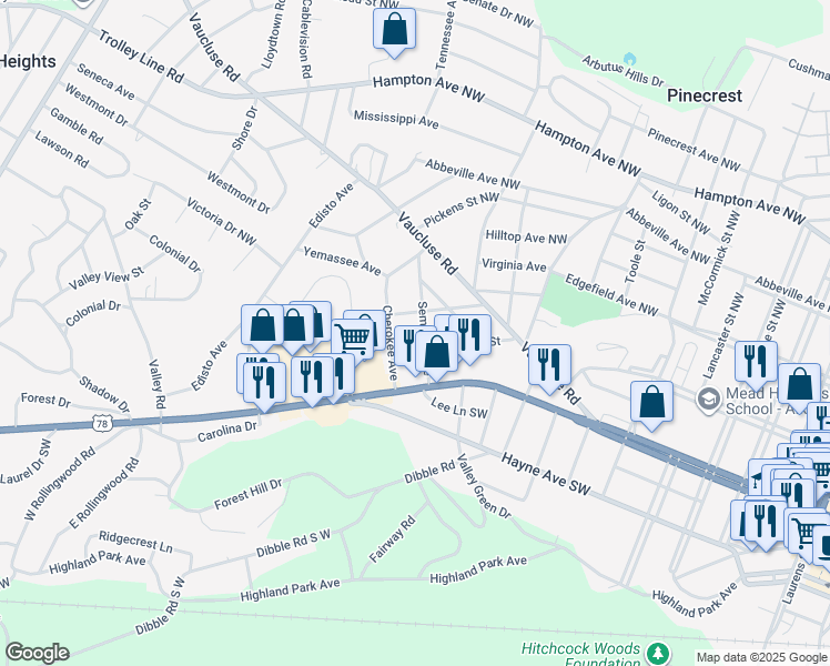 map of restaurants, bars, coffee shops, grocery stores, and more near 923 Seminole Avenue in Aiken