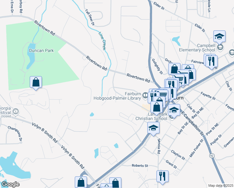 map of restaurants, bars, coffee shops, grocery stores, and more near 111 Southwest Malone Street in Fairburn