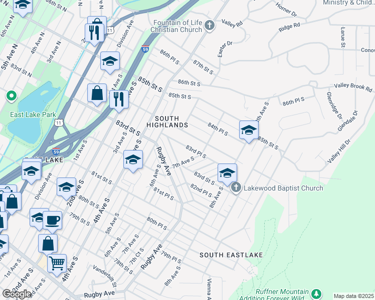 map of restaurants, bars, coffee shops, grocery stores, and more near 640 83rd Place South in Birmingham