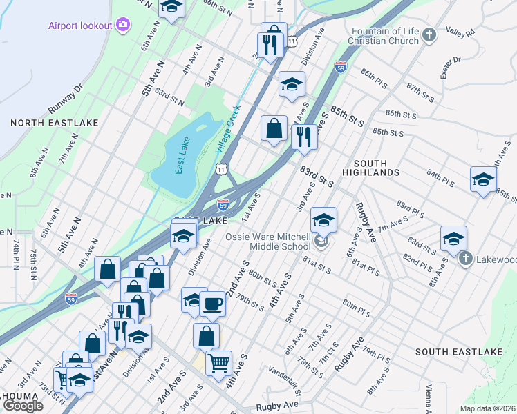 map of restaurants, bars, coffee shops, grocery stores, and more near 8126 2nd Avenue South in Birmingham