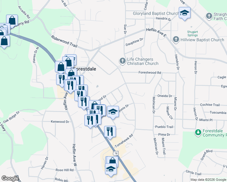 map of restaurants, bars, coffee shops, grocery stores, and more near in Birmingham