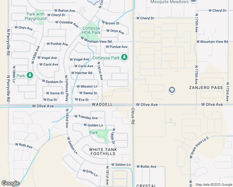 map of restaurants, bars, coffee shops, grocery stores, and more near 18529 West Beryl Court in Waddell