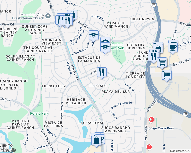 map of restaurants, bars, coffee shops, grocery stores, and more near 8417 East San Benito Drive in Scottsdale