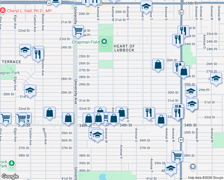 map of restaurants, bars, coffee shops, grocery stores, and more near 2302 30th Street in Lubbock