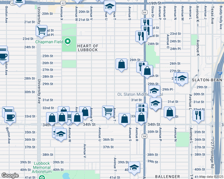 map of restaurants, bars, coffee shops, grocery stores, and more near 2009 30th Street in Lubbock