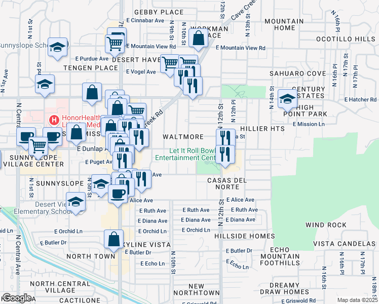 map of restaurants, bars, coffee shops, grocery stores, and more near 8940 North 11th Street in Phoenix