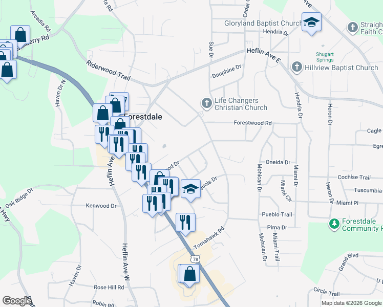 map of restaurants, bars, coffee shops, grocery stores, and more near 351 24th Street North in Birmingham