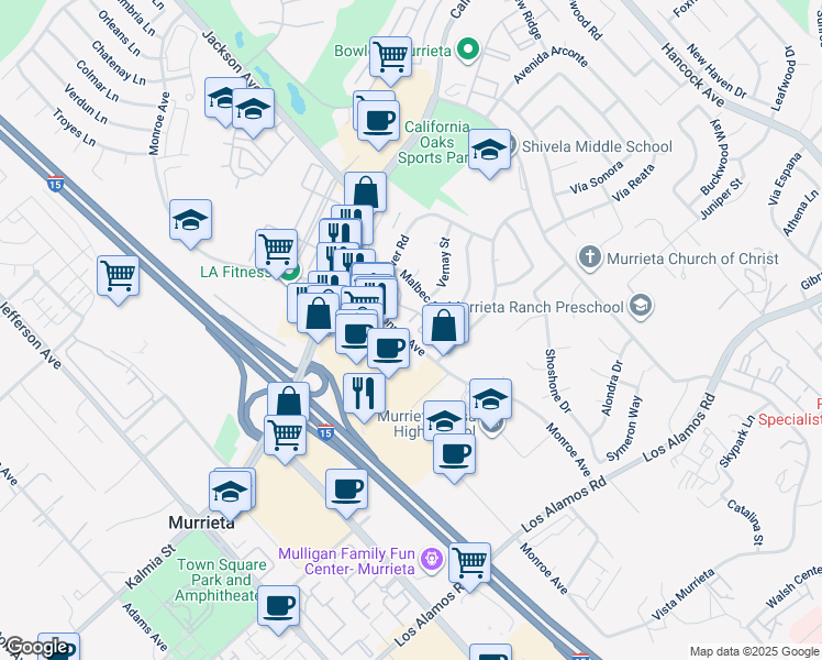 map of restaurants, bars, coffee shops, grocery stores, and more near 40800 Sunflower Road in Murrieta