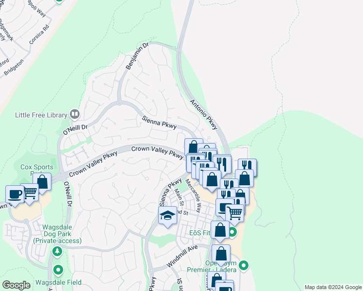map of restaurants, bars, coffee shops, grocery stores, and more near 46 Skywood Street in Ladera Ranch