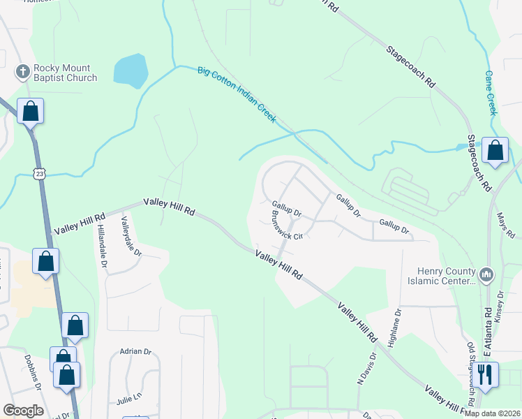 map of restaurants, bars, coffee shops, grocery stores, and more near 621 Mohawk Circle in Stockbridge
