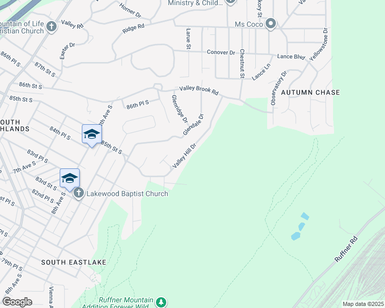 map of restaurants, bars, coffee shops, grocery stores, and more near 8905 Valley Hill Drive in Birmingham