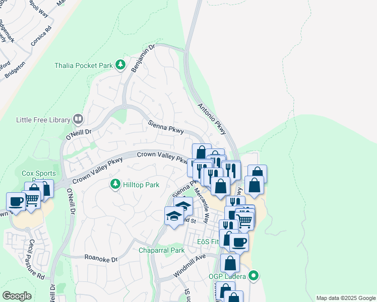 map of restaurants, bars, coffee shops, grocery stores, and more near 46 Skywood Street in Ladera Ranch