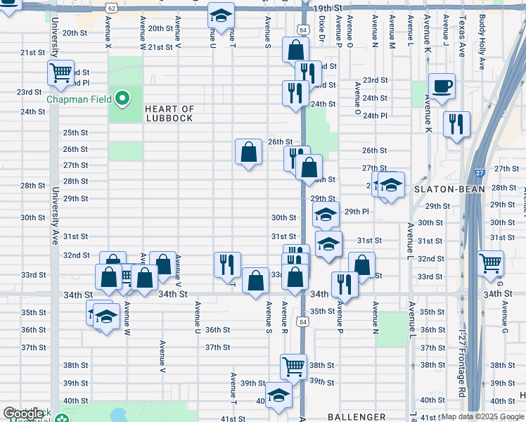 map of restaurants, bars, coffee shops, grocery stores, and more near in Lubbock