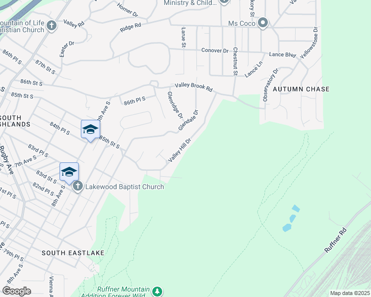 map of restaurants, bars, coffee shops, grocery stores, and more near 8905 Valley Hill Drive in Birmingham