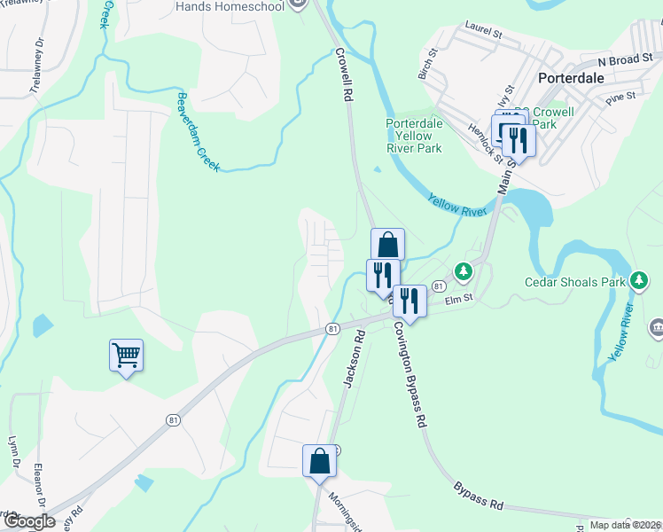 map of restaurants, bars, coffee shops, grocery stores, and more near 85 Madison Way in Porterdale