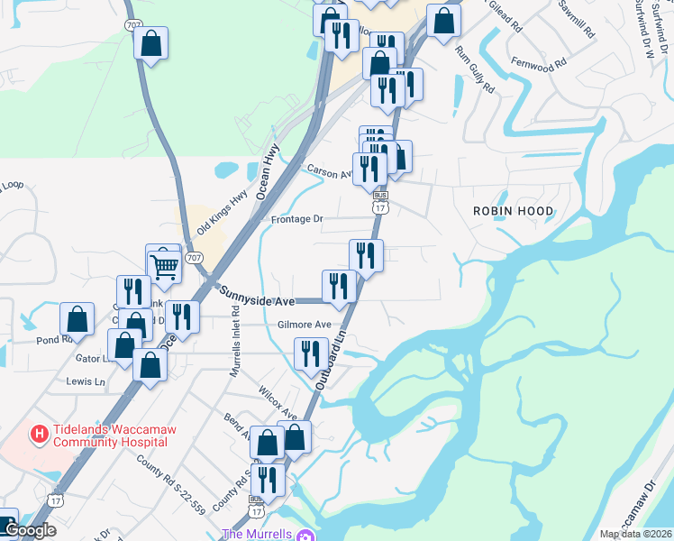 map of restaurants, bars, coffee shops, grocery stores, and more near 15 Vintners Lane in Murrells Inlet