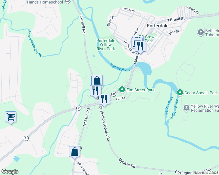 map of restaurants, bars, coffee shops, grocery stores, and more near 110 Michael Ryan Drive in Porterdale