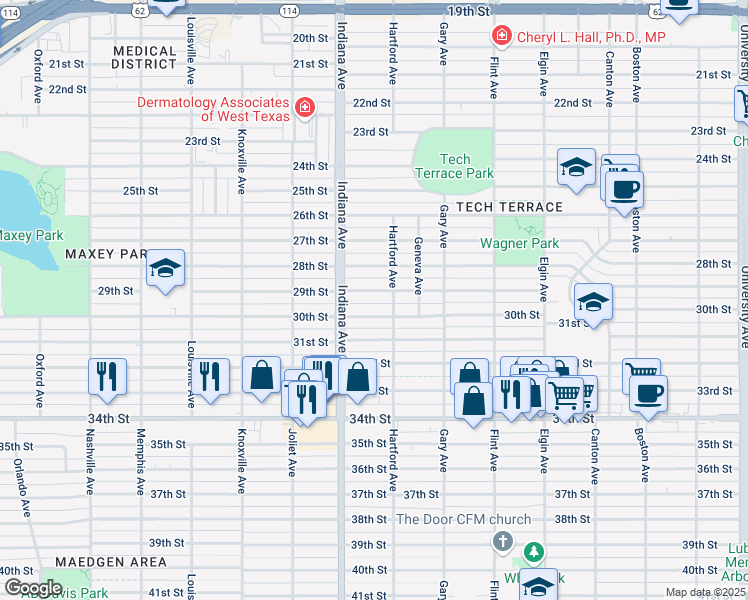 map of restaurants, bars, coffee shops, grocery stores, and more near 3307 29th Street in Lubbock