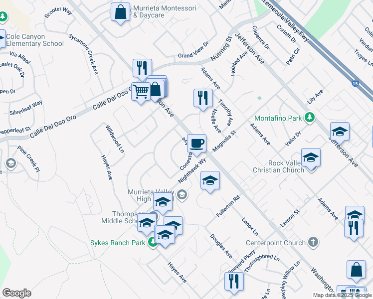 map of restaurants, bars, coffee shops, grocery stores, and more near 23914 Susana Way in Murrieta