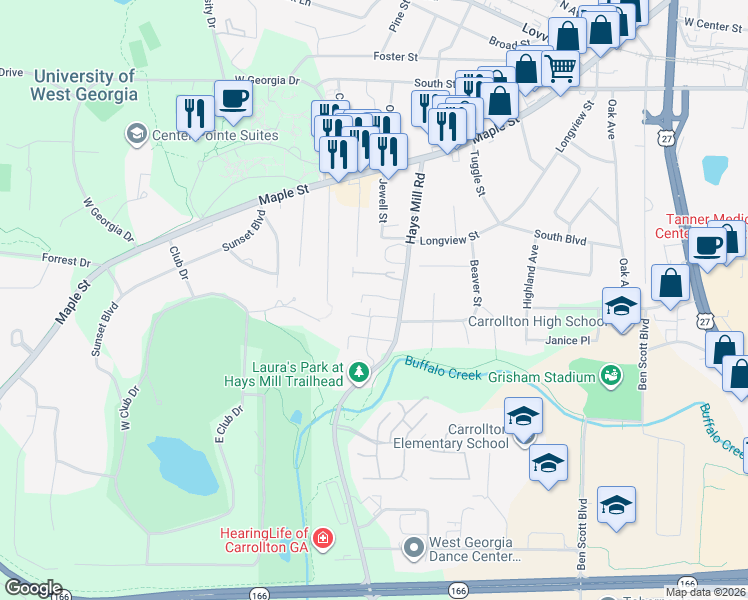 map of restaurants, bars, coffee shops, grocery stores, and more near 301 Hays Mill Road in Carrollton