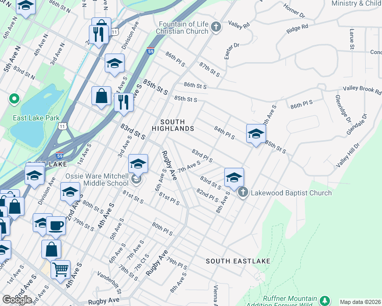 map of restaurants, bars, coffee shops, grocery stores, and more near 620 83rd Place South in Birmingham