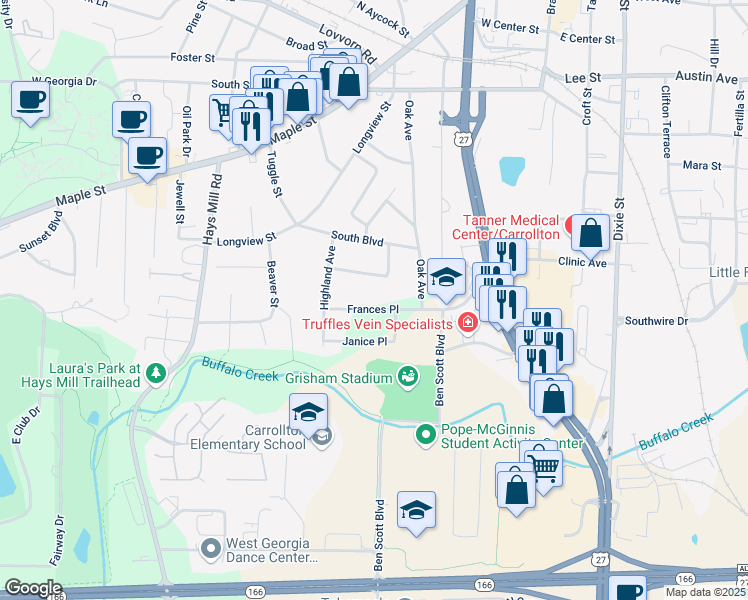 map of restaurants, bars, coffee shops, grocery stores, and more near 119 Frances Place in Carrollton