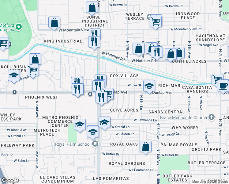 map of restaurants, bars, coffee shops, grocery stores, and more near 1814 West Dunlap Avenue in Phoenix
