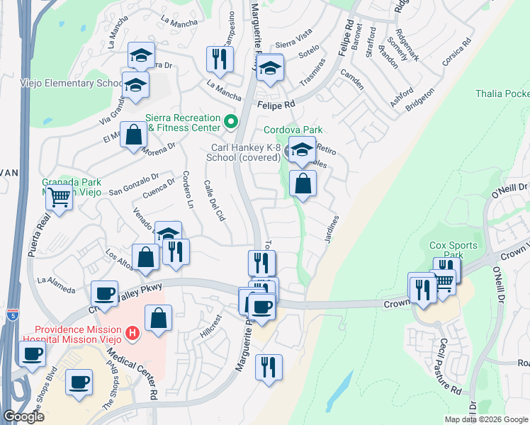 map of restaurants, bars, coffee shops, grocery stores, and more near 27112 Manzano in Mission Viejo