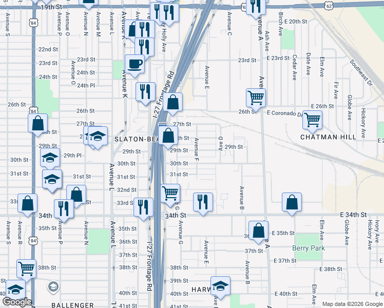 map of restaurants, bars, coffee shops, grocery stores, and more near 710 30th Street in Lubbock