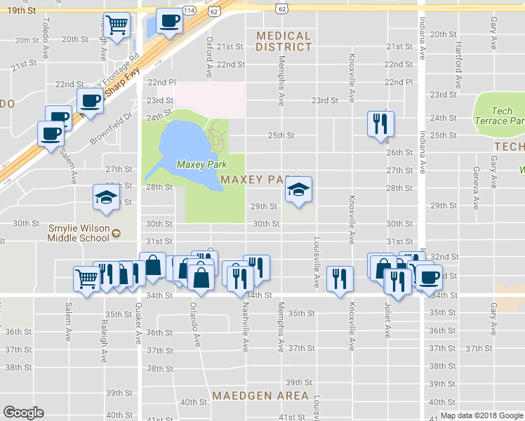 map of restaurants, bars, coffee shops, grocery stores, and more near 3816 30th Street in Lubbock