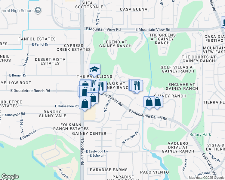 map of restaurants, bars, coffee shops, grocery stores, and more near 7245 East Gainey Ranch Road in Scottsdale