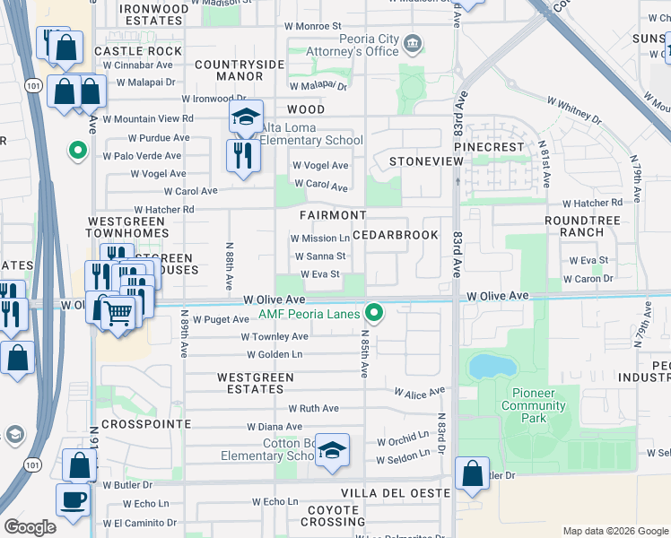 map of restaurants, bars, coffee shops, grocery stores, and more near 8544 West Caron Drive in Peoria