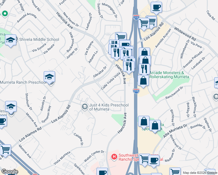 map of restaurants, bars, coffee shops, grocery stores, and more near 40113 Avenue Venida in Murrieta