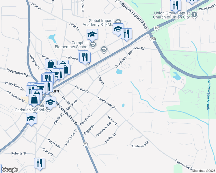 map of restaurants, bars, coffee shops, grocery stores, and more near 191 Clay Street in Fairburn