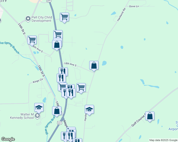 map of restaurants, bars, coffee shops, grocery stores, and more near 2625 18th Avenue South in Pell City