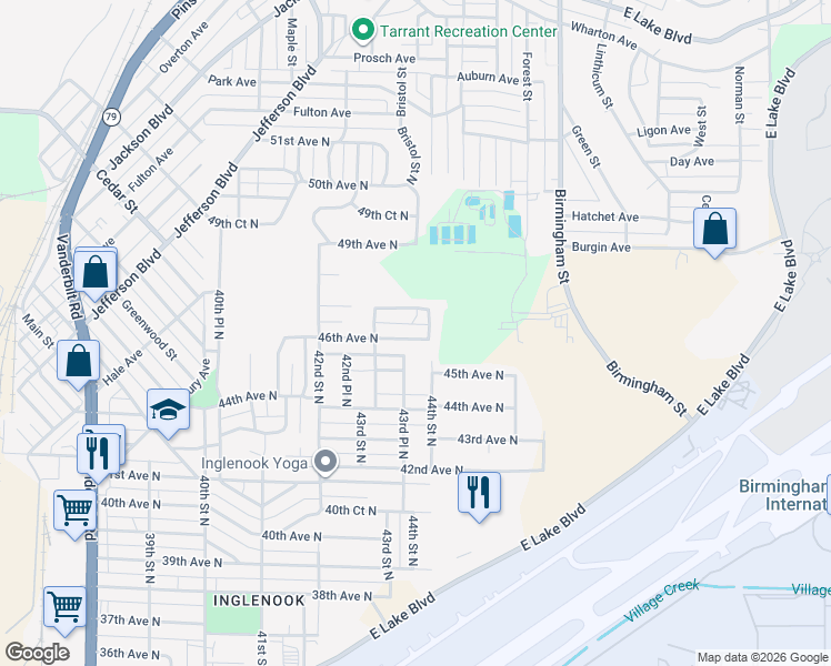map of restaurants, bars, coffee shops, grocery stores, and more near 4329 46th Avenue North in Birmingham