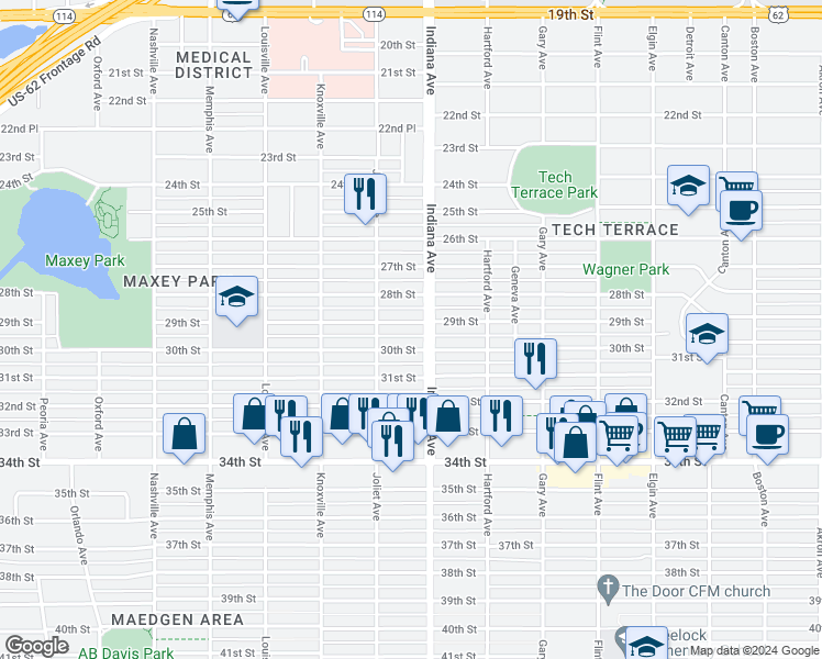 map of restaurants, bars, coffee shops, grocery stores, and more near 3407 29th Street in Lubbock